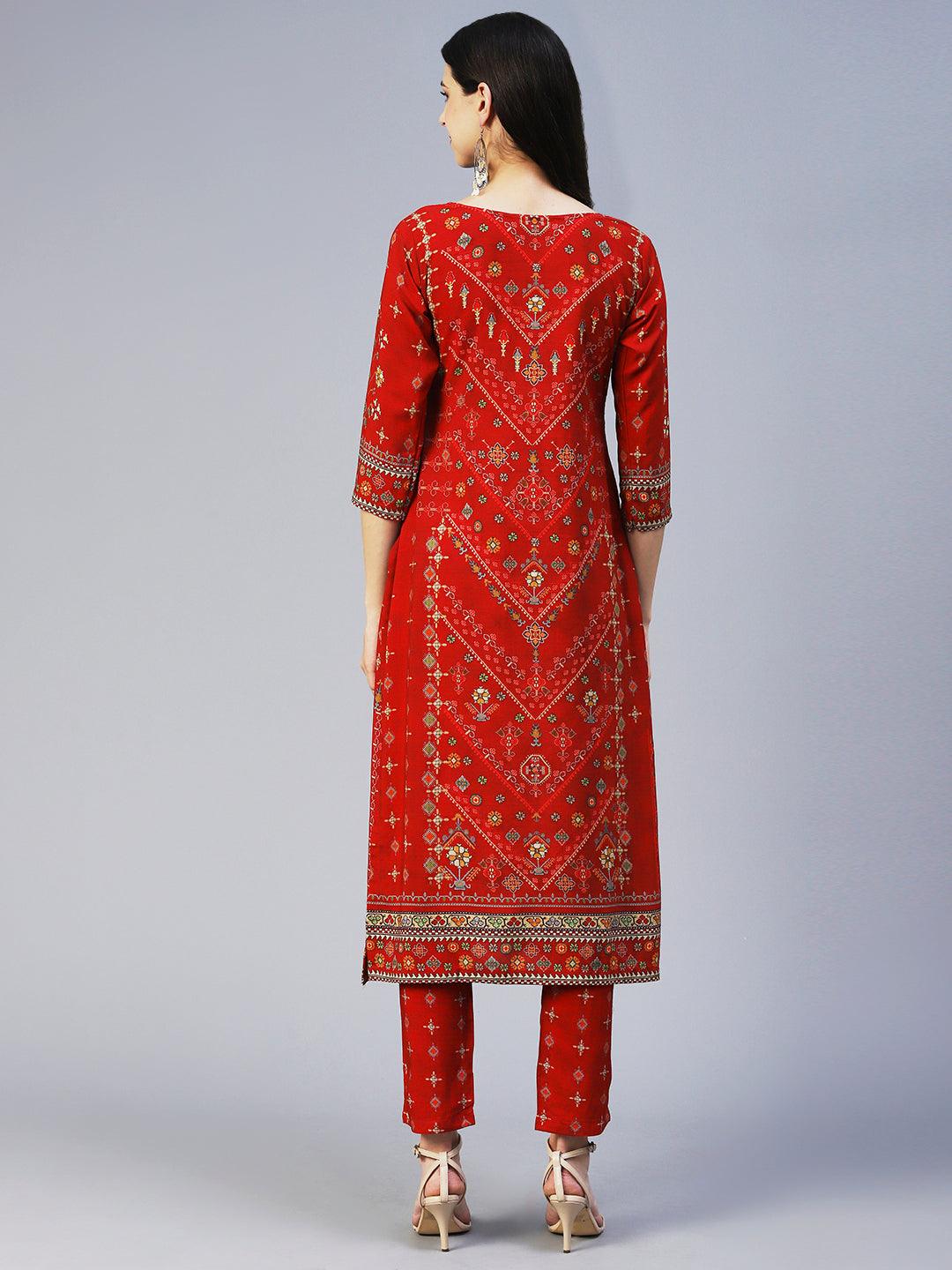 Ethnic Printed Cutdana Embroidered Kurta With Pants - Red - Indiakreations