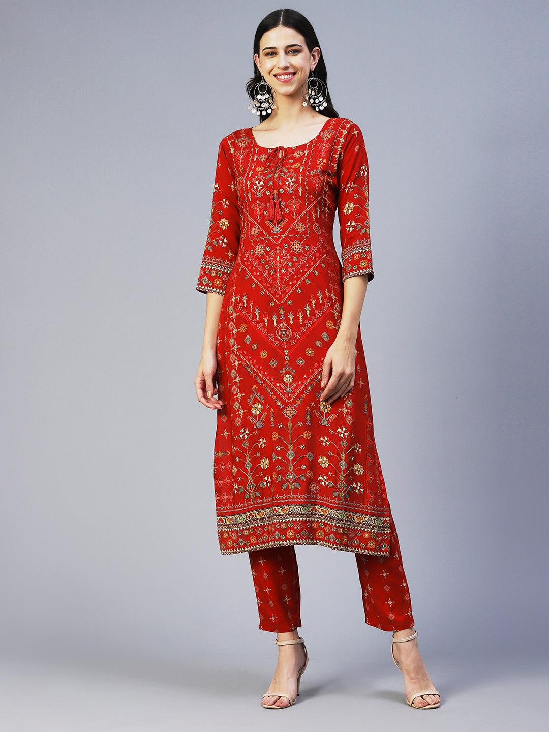 Ethnic Printed Cutdana Embroidered Kurta With Pants - Red - Indiakreations