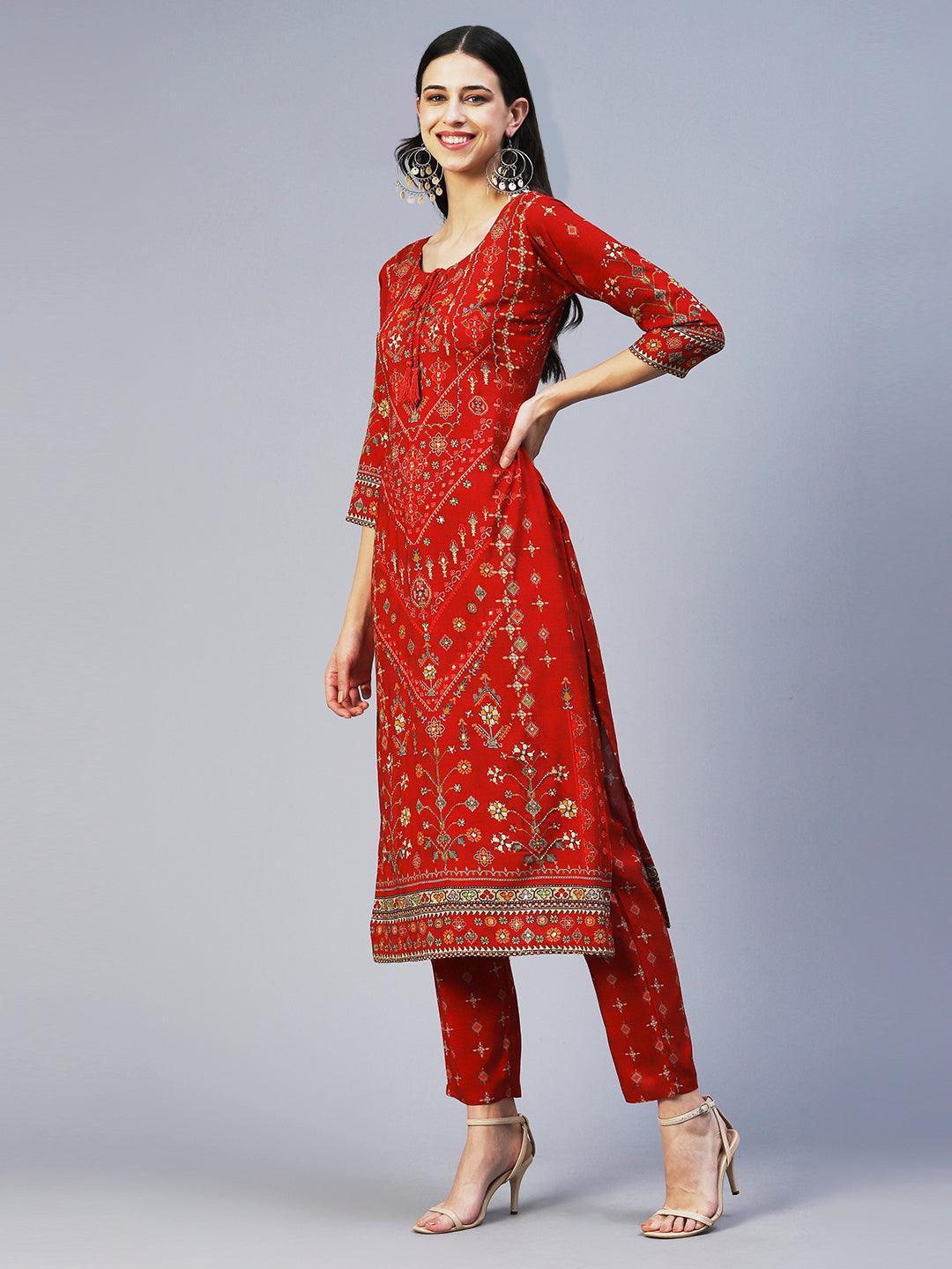 Ethnic Printed Cutdana Embroidered Kurta With Pants - Red - Indiakreations