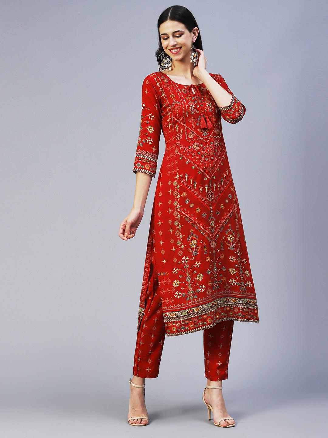 Ethnic Printed Cutdana Embroidered Kurta With Pants - Red - Indiakreations