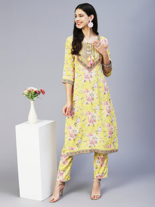 Floral Hand Embroidered Kurta With Printed Pants - Yellow - Indiakreations