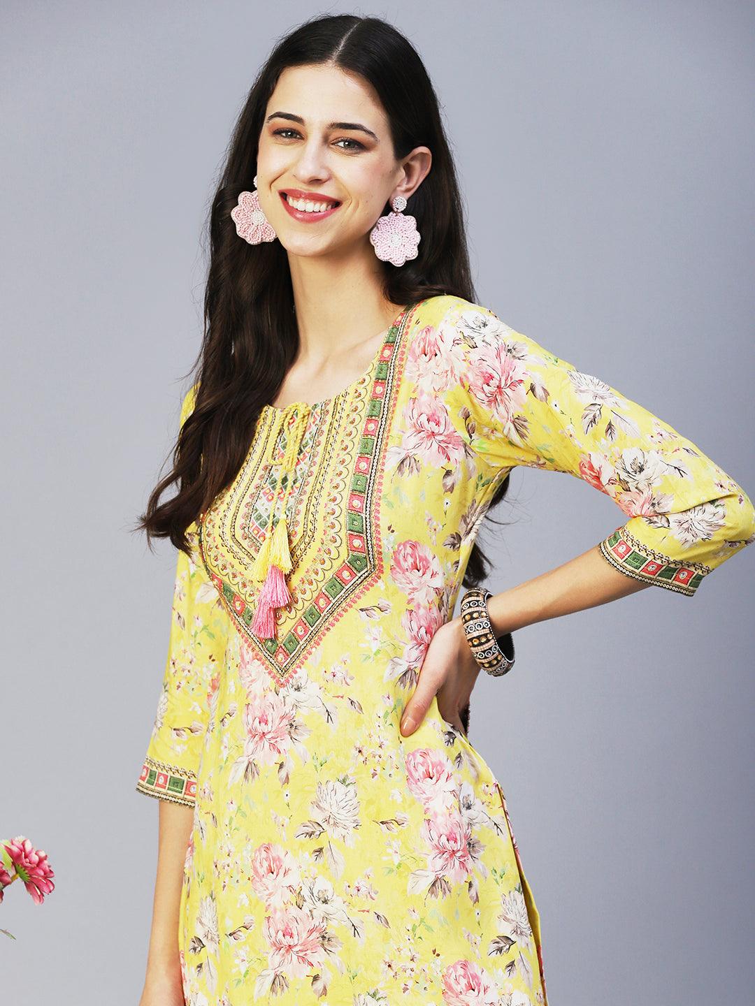 Floral Hand Embroidered Kurta With Printed Pants - Yellow - Indiakreations