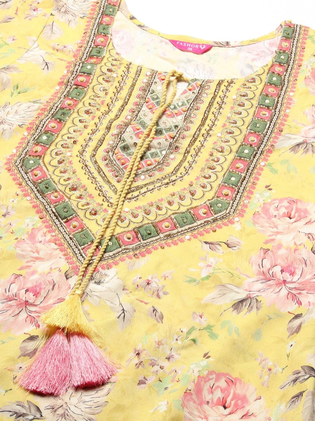 Floral Hand Embroidered Kurta With Printed Pants - Yellow - Indiakreations