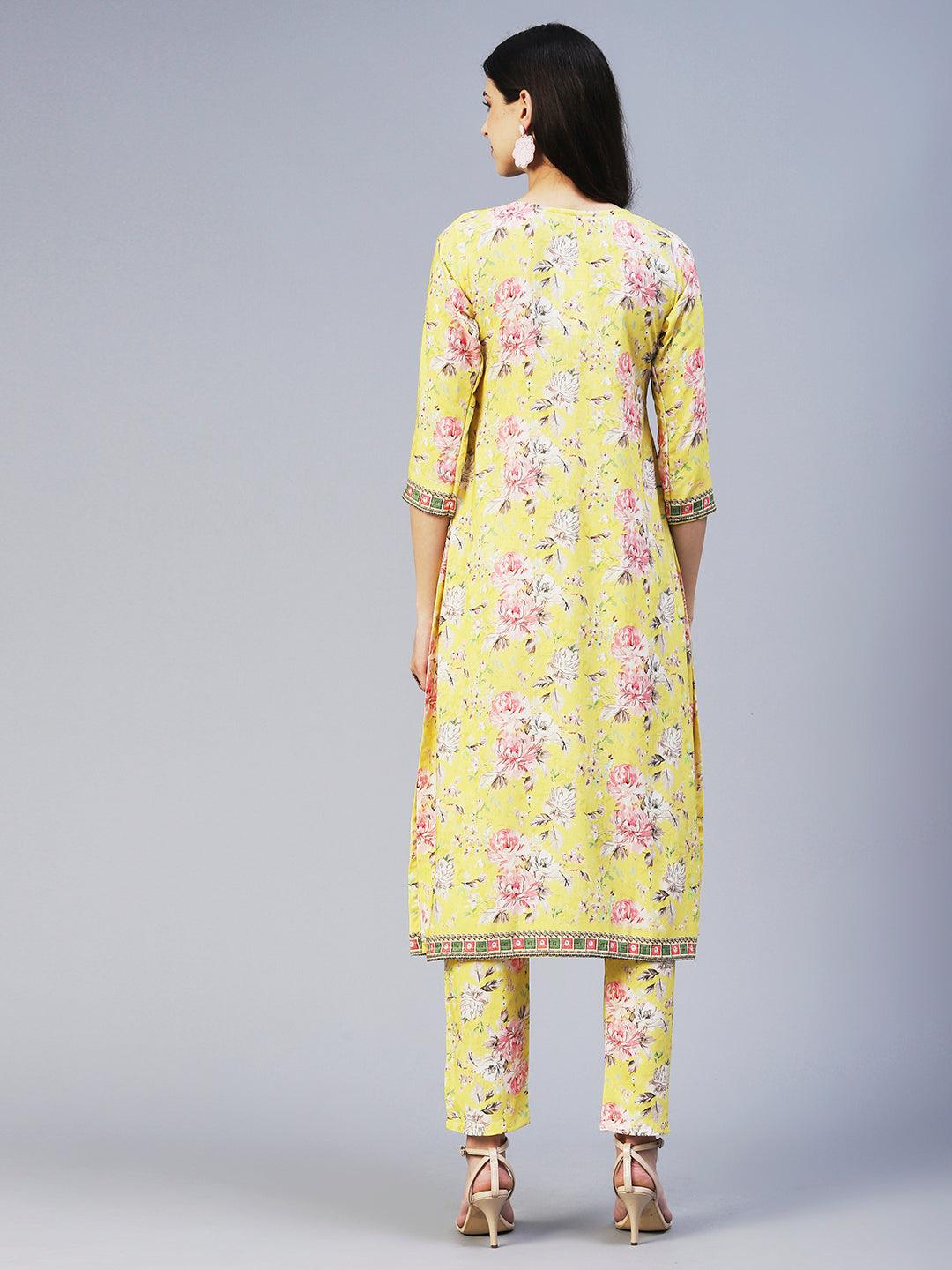 Floral Hand Embroidered Kurta With Printed Pants - Yellow - Indiakreations