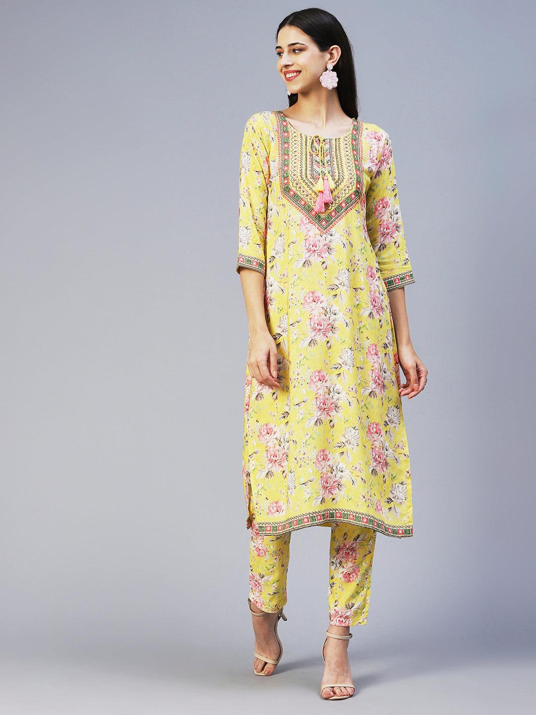 Floral Hand Embroidered Kurta With Printed Pants - Yellow - Indiakreations