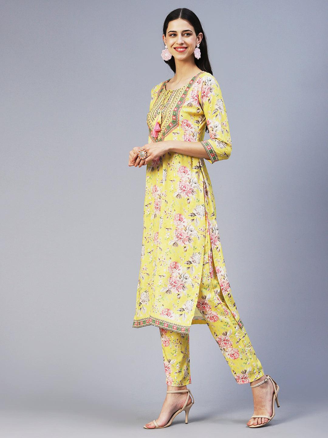 Floral Hand Embroidered Kurta With Printed Pants - Yellow - Indiakreations