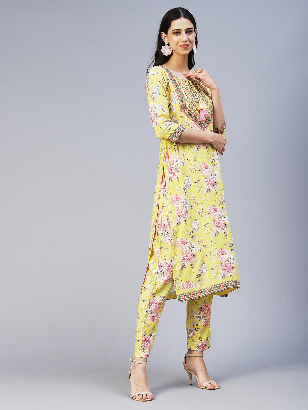 Floral Hand Embroidered Kurta With Printed Pants - Yellow - Indiakreations