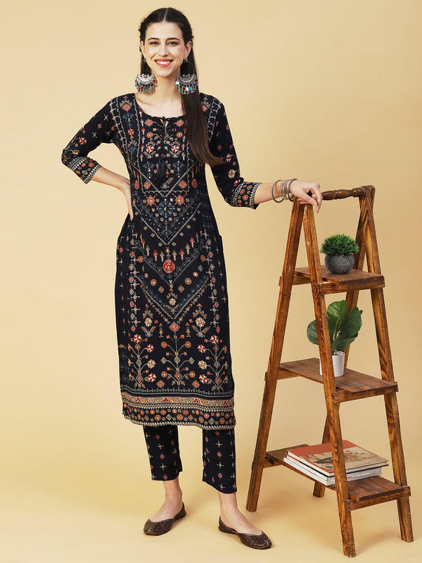 Ethnic Printed Cutdana Embroidered Kurta With Pants - Navy Blue - Indiakreations