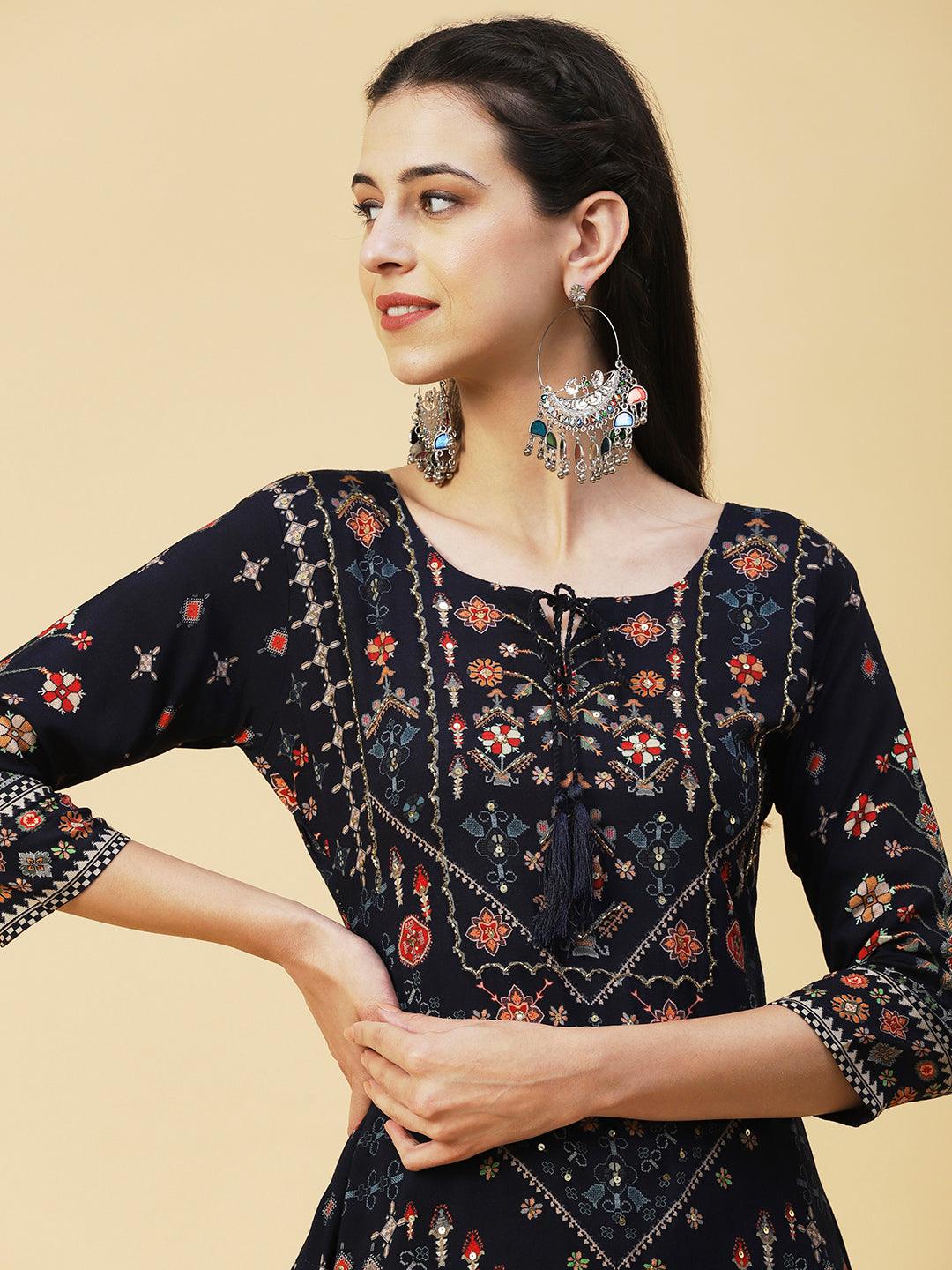 Ethnic Printed Cutdana Embroidered Kurta With Pants - Navy Blue - Indiakreations