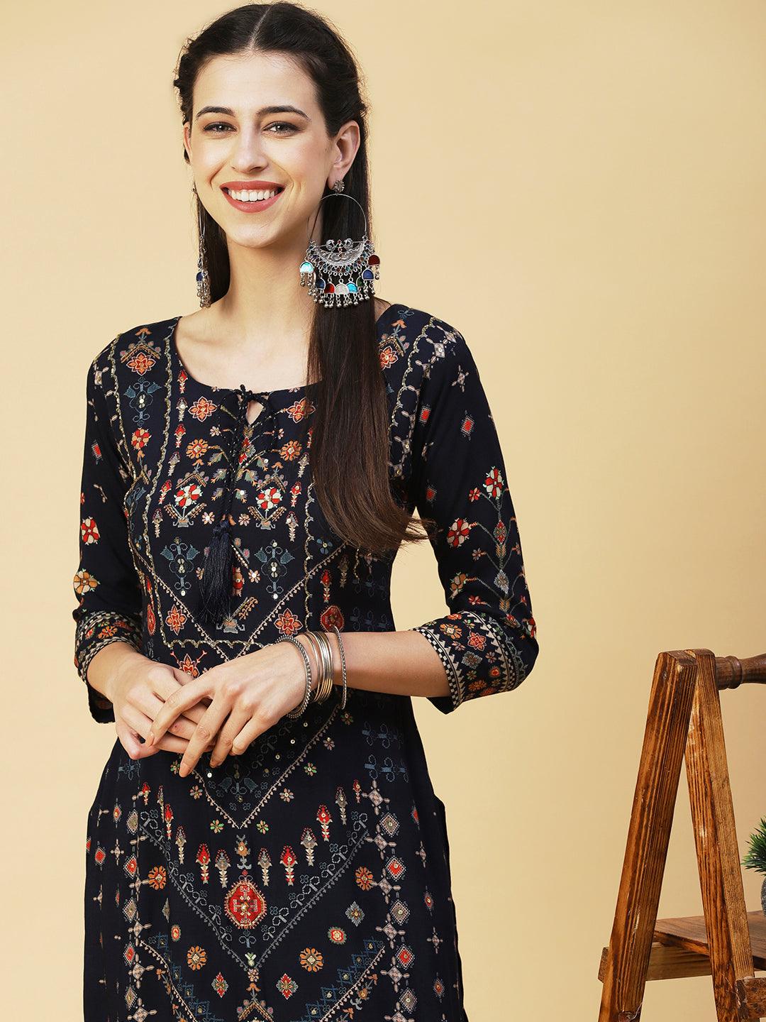 Ethnic Printed Cutdana Embroidered Kurta With Pants - Navy Blue - Indiakreations