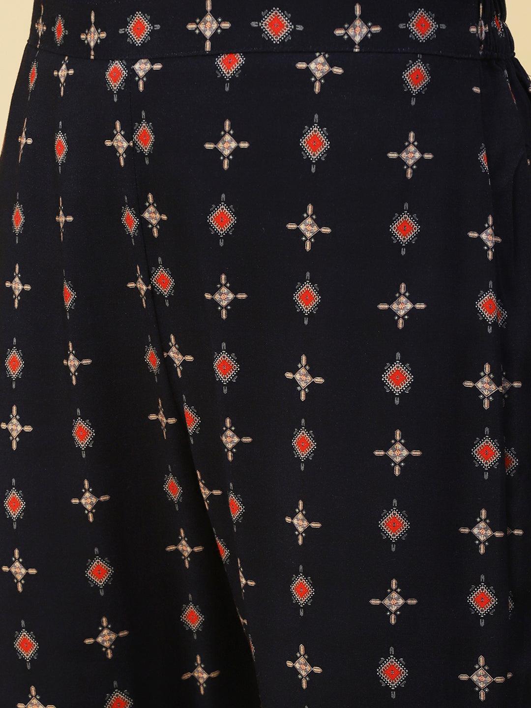 Ethnic Printed Cutdana Embroidered Kurta With Pants - Navy Blue - Indiakreations