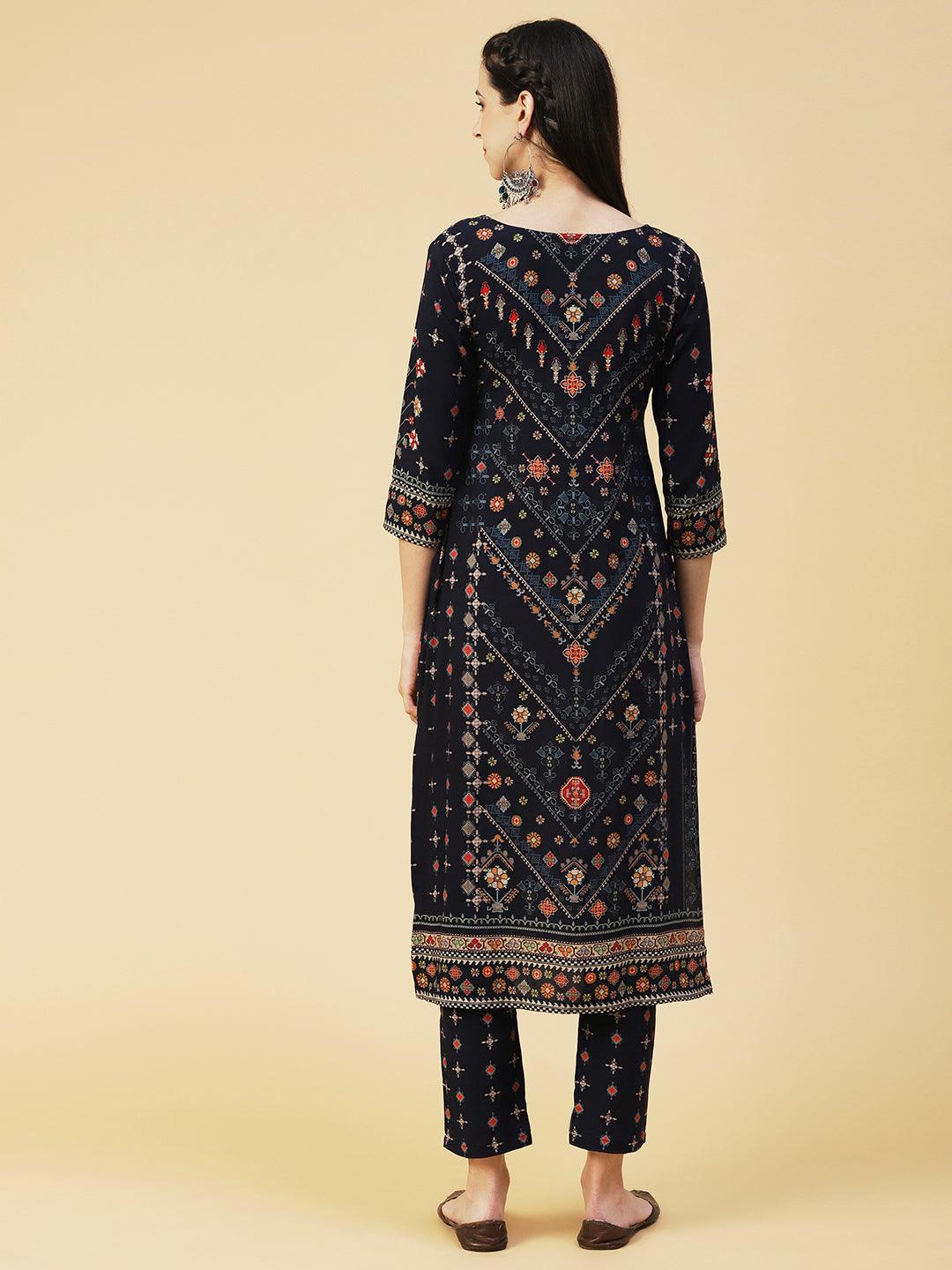 Ethnic Printed Cutdana Embroidered Kurta With Pants - Navy Blue - Indiakreations