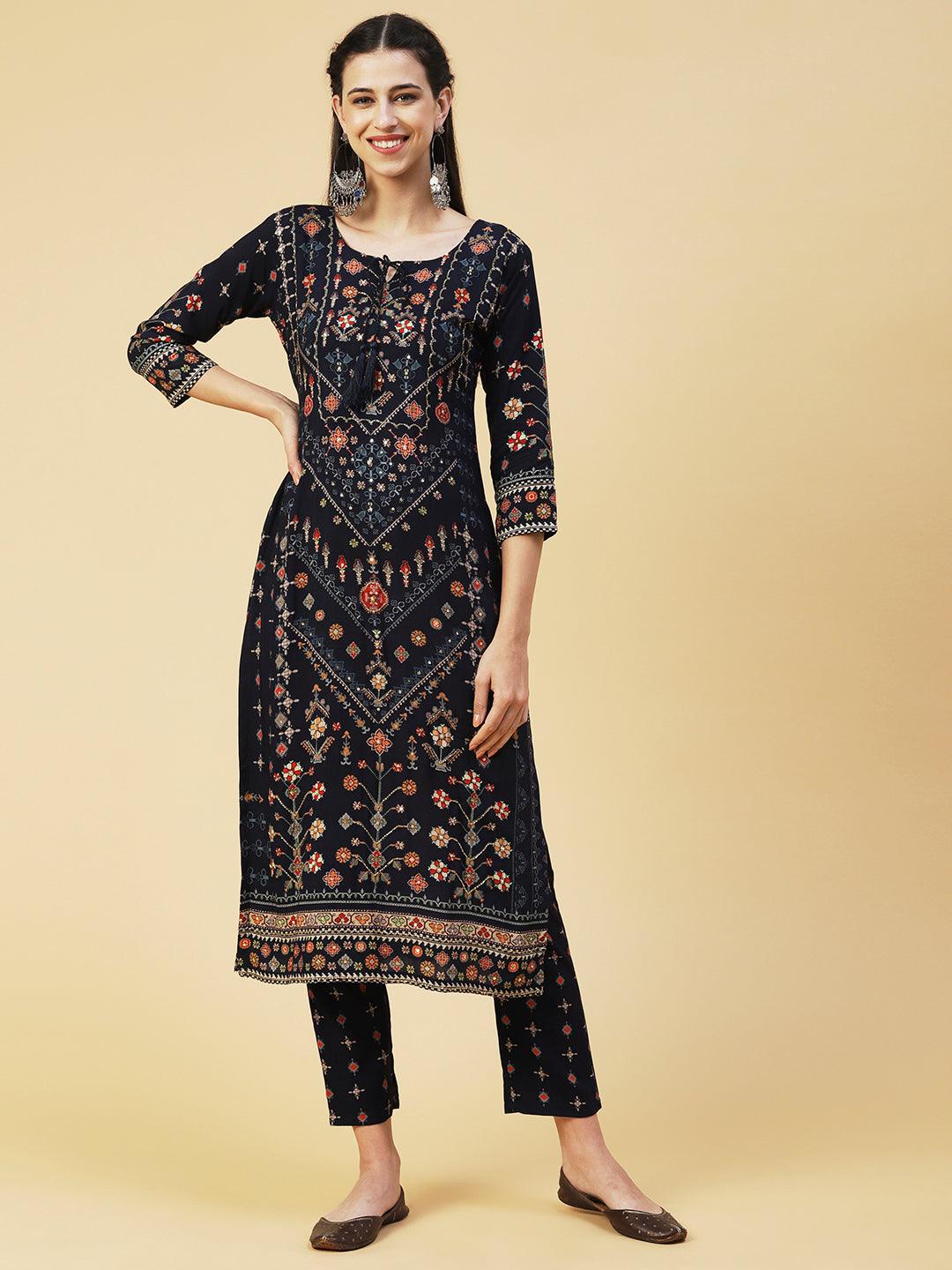 Ethnic Printed Cutdana Embroidered Kurta With Pants - Navy Blue - Indiakreations