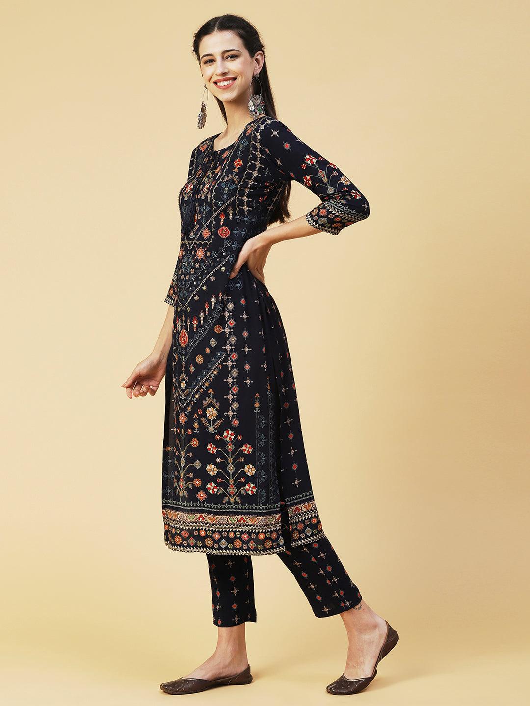 Ethnic Printed Cutdana Embroidered Kurta With Pants - Navy Blue - Indiakreations