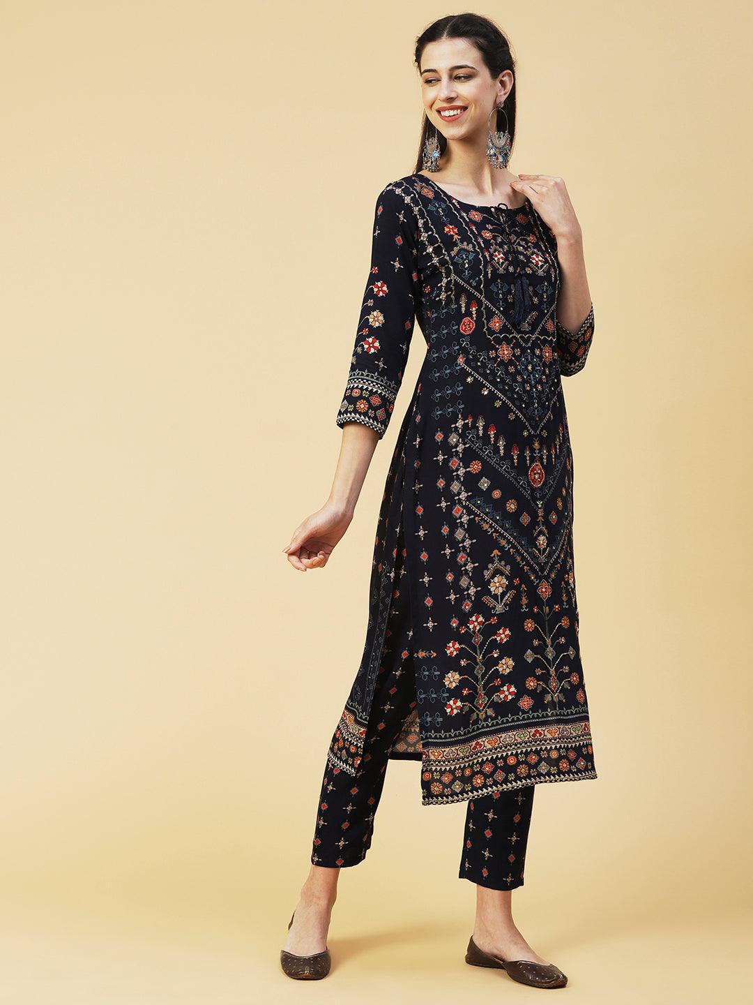 Ethnic Printed Cutdana Embroidered Kurta With Pants - Navy Blue - Indiakreations