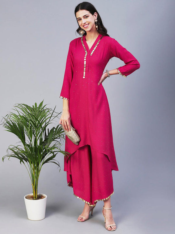 Solid Boho Asymmetric Co-ord Set - Fuchsia - Indiakreations