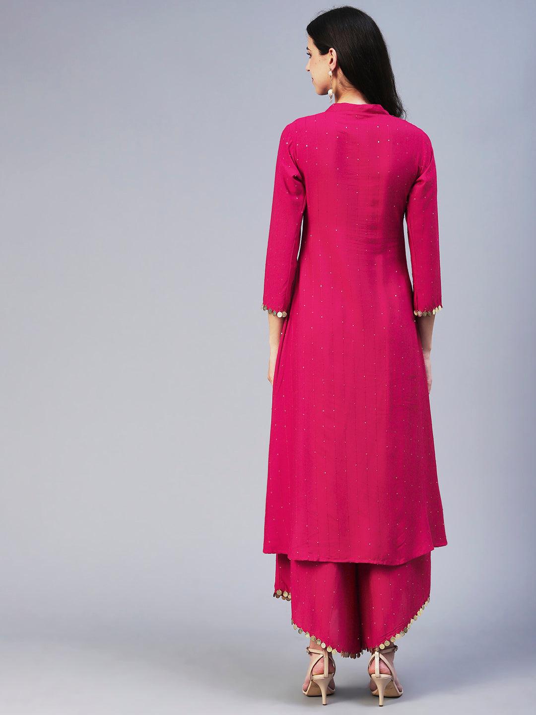 Solid Boho Asymmetric Co-ord Set - Fuchsia - Indiakreations