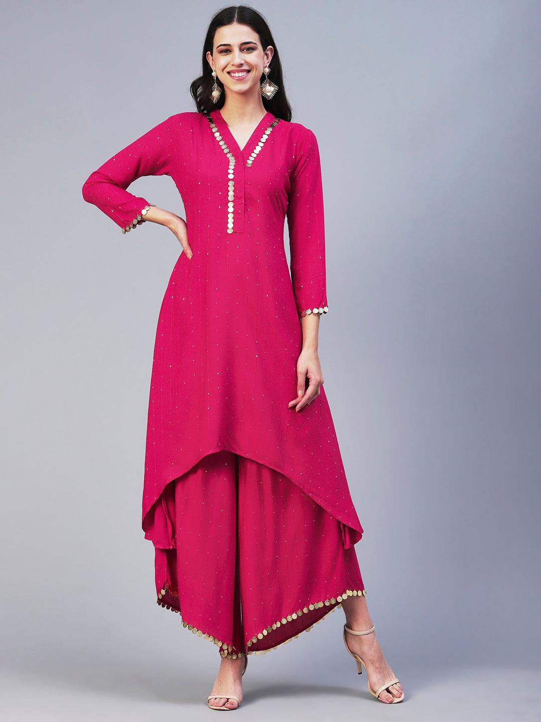 Solid Boho Asymmetric Co-ord Set - Fuchsia - Indiakreations