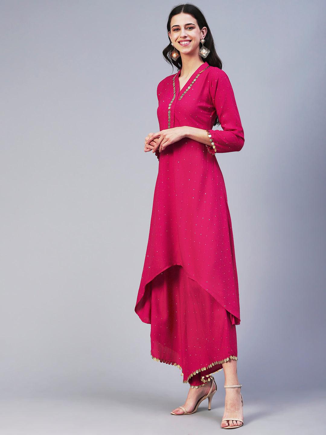 Solid Boho Asymmetric Co-ord Set - Fuchsia - Indiakreations