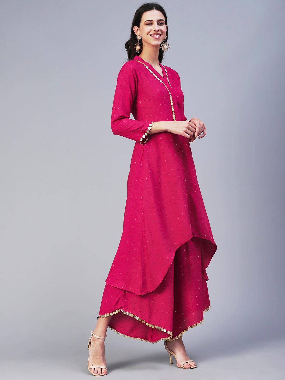 Solid Boho Asymmetric Co-ord Set - Fuchsia - Indiakreations