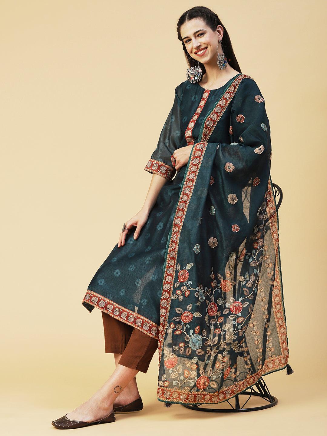 Floral Printed Sequins Ornamented Kurta With Dupatta - Dark Green - Indiakreations