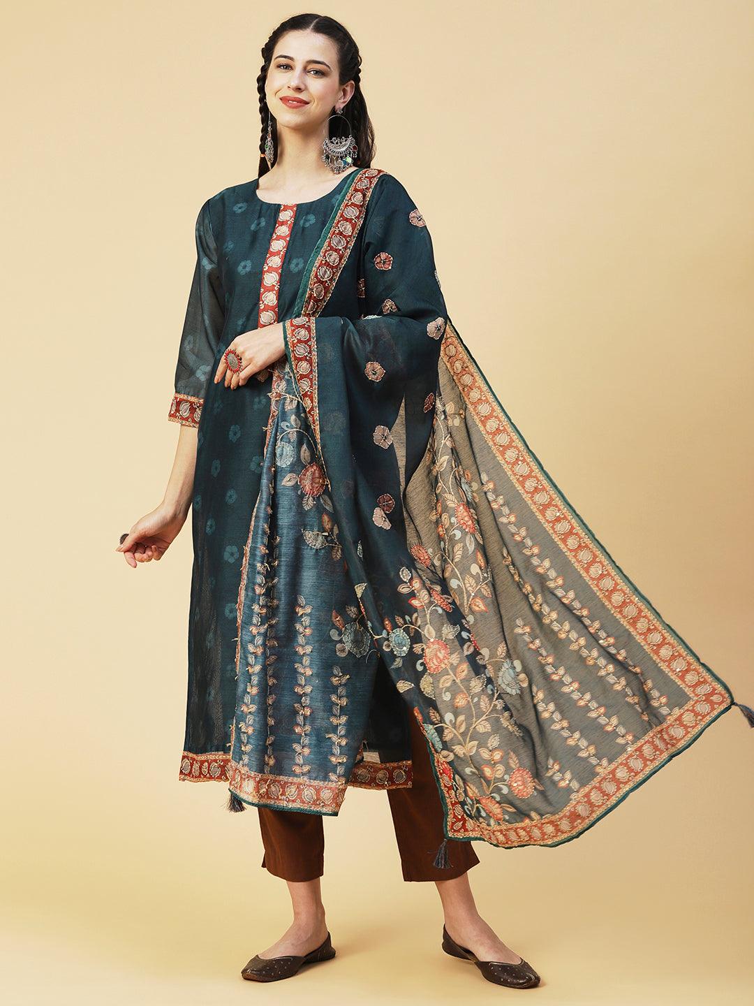 Floral Printed Sequins Ornamented Kurta With Dupatta - Dark Green - Indiakreations