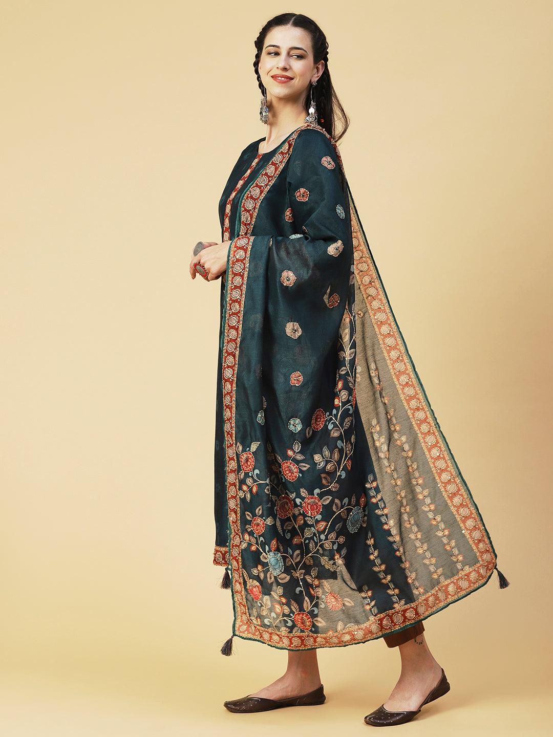 Floral Printed Sequins Ornamented Kurta With Dupatta - Dark Green - Indiakreations