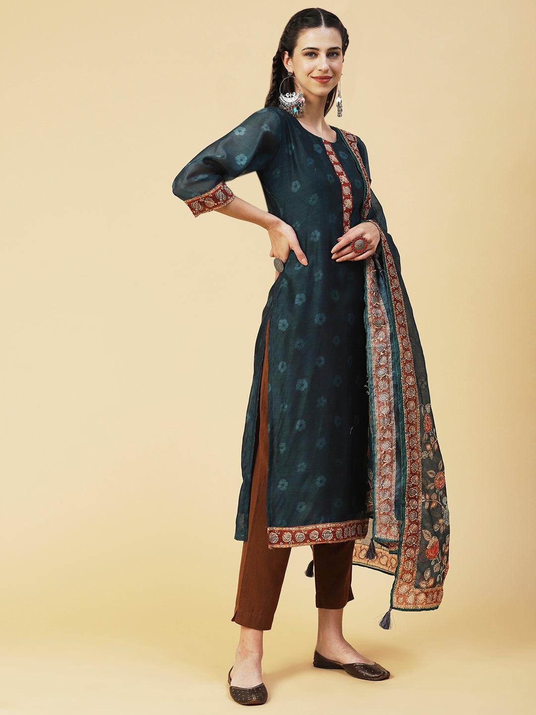 Floral Printed Sequins Ornamented Kurta With Dupatta - Dark Green - Indiakreations