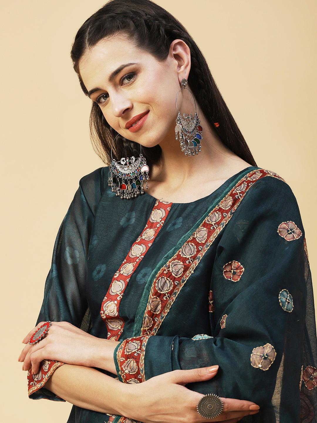 Floral Printed Sequins Ornamented Kurta With Dupatta - Dark Green - Indiakreations