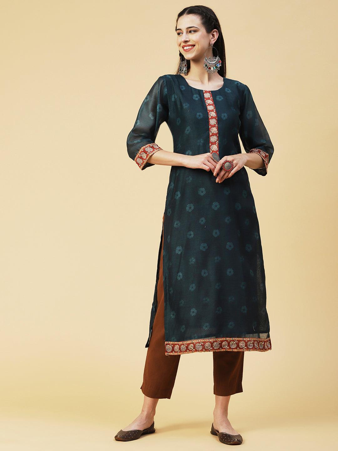 Floral Printed Sequins Ornamented Kurta With Dupatta - Dark Green - Indiakreations