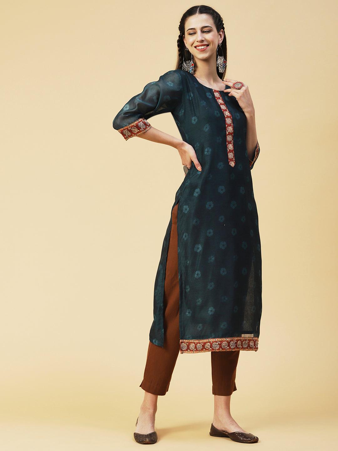 Floral Printed Sequins Ornamented Kurta With Dupatta - Dark Green - Indiakreations