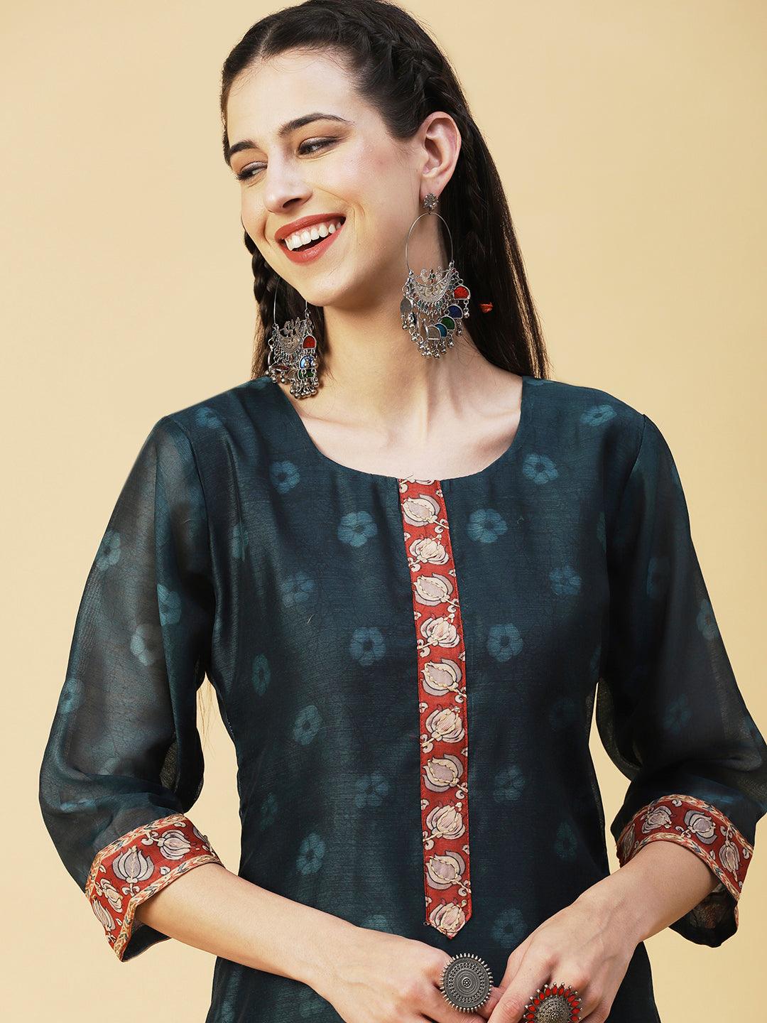 Floral Printed Sequins Ornamented Kurta With Dupatta - Dark Green - Indiakreations