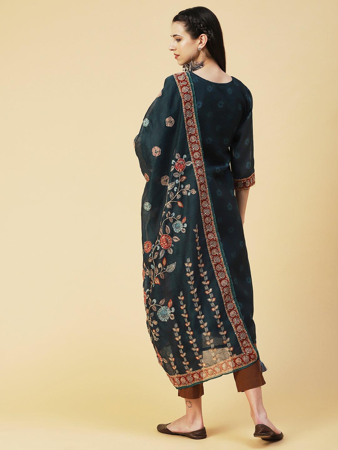 Floral Printed Sequins Ornamented Kurta With Dupatta - Dark Green - Indiakreations