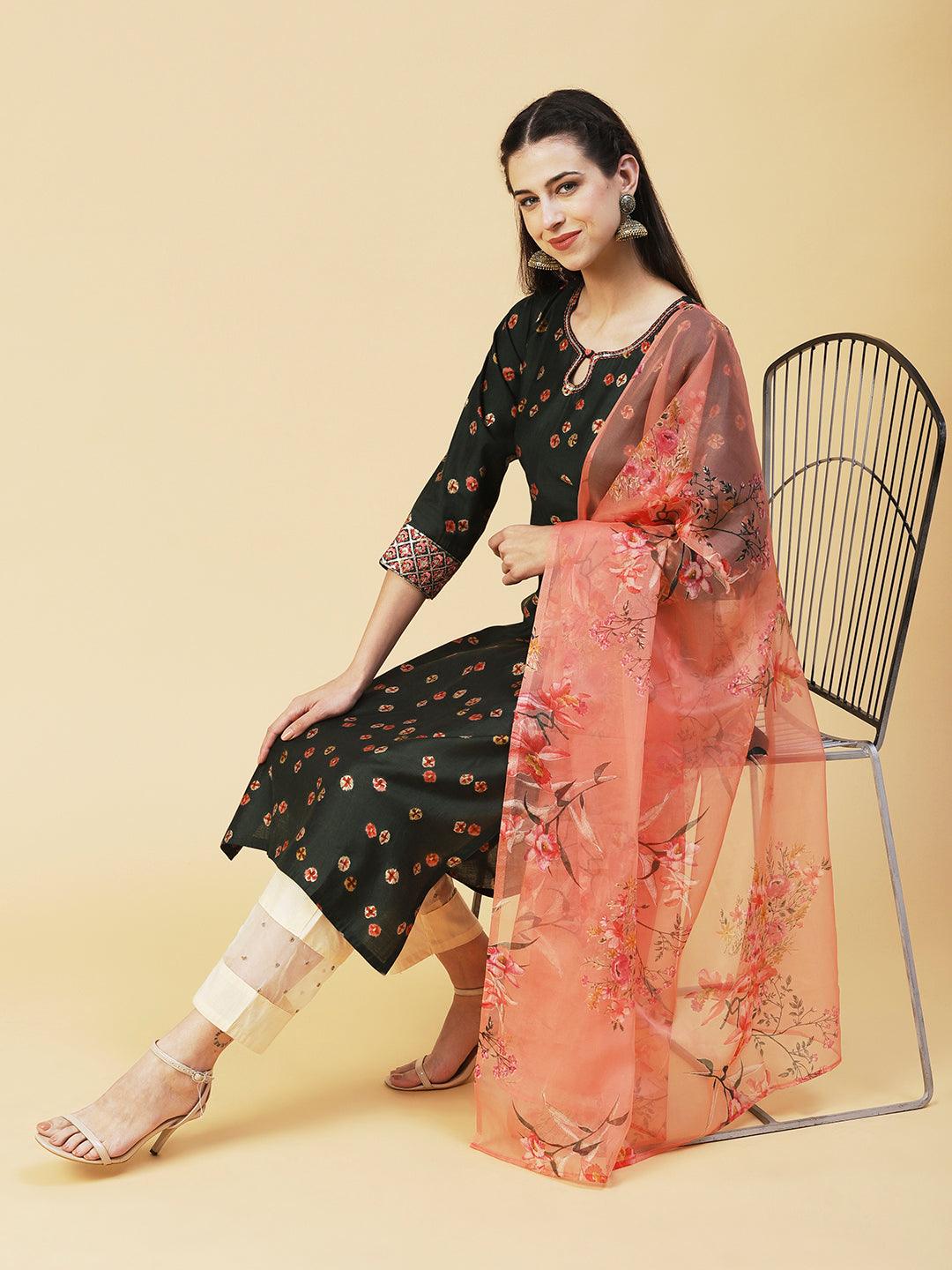 Abstract Floral Printed Embroidered Kurta With Printed Dupatta - Green - Indiakreations