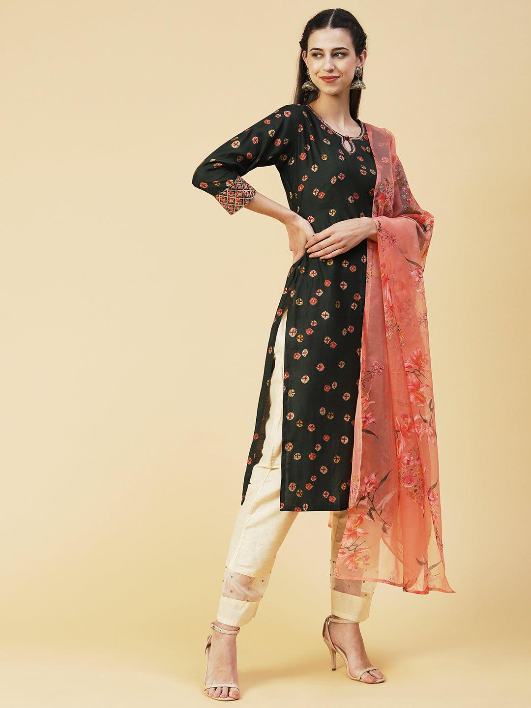 Abstract Floral Printed Embroidered Kurta With Printed Dupatta - Green - Indiakreations