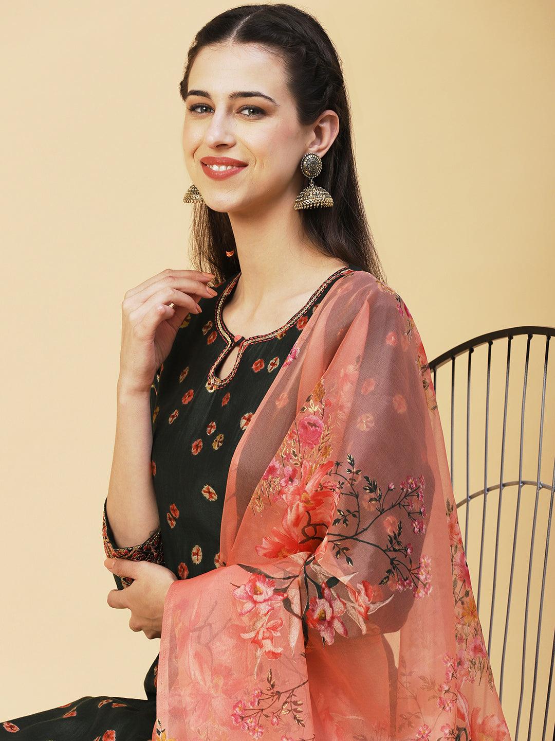 Abstract Floral Printed Embroidered Kurta With Printed Dupatta - Green - Indiakreations