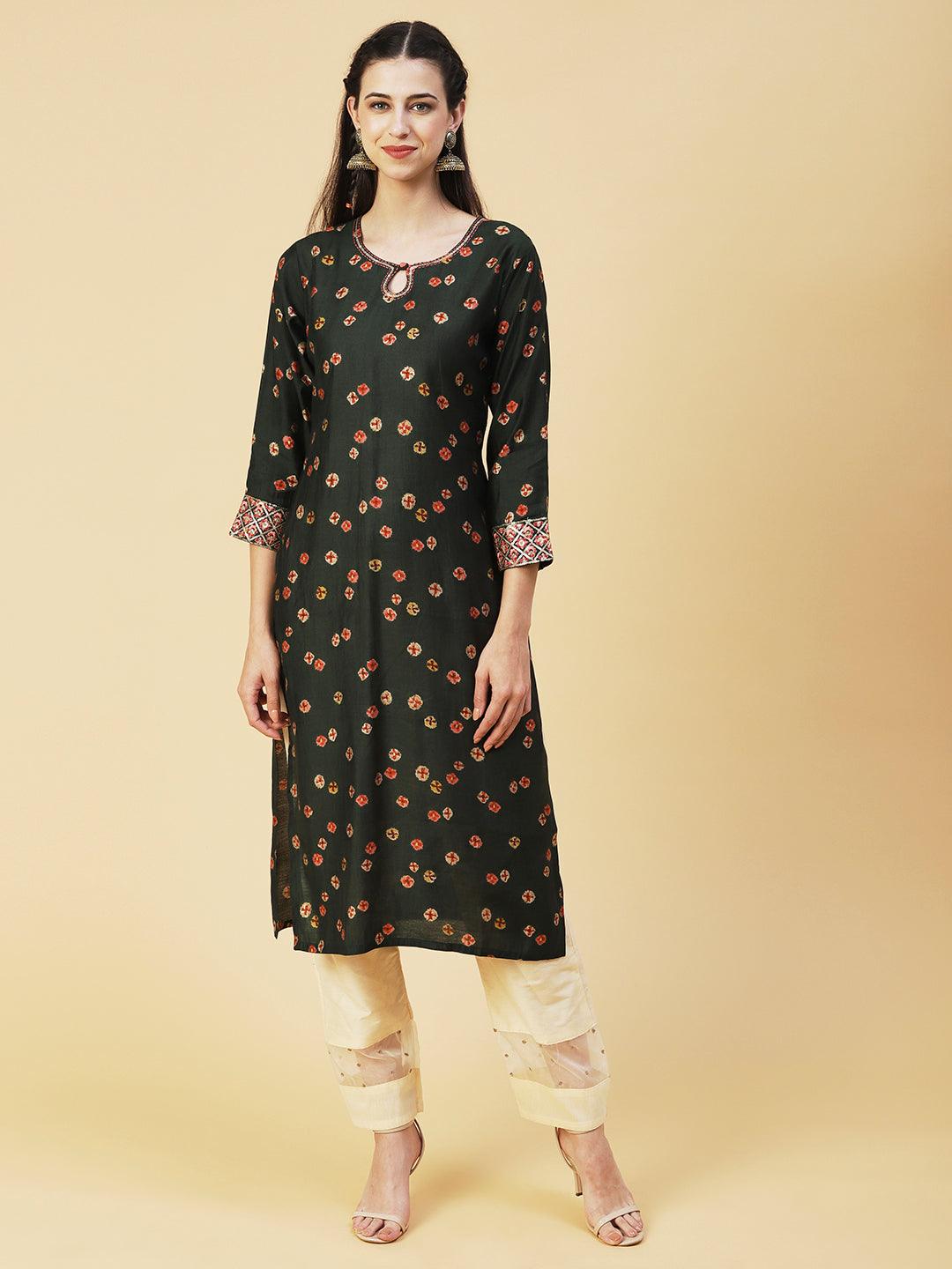 Abstract Floral Printed Embroidered Kurta With Printed Dupatta - Green - Indiakreations