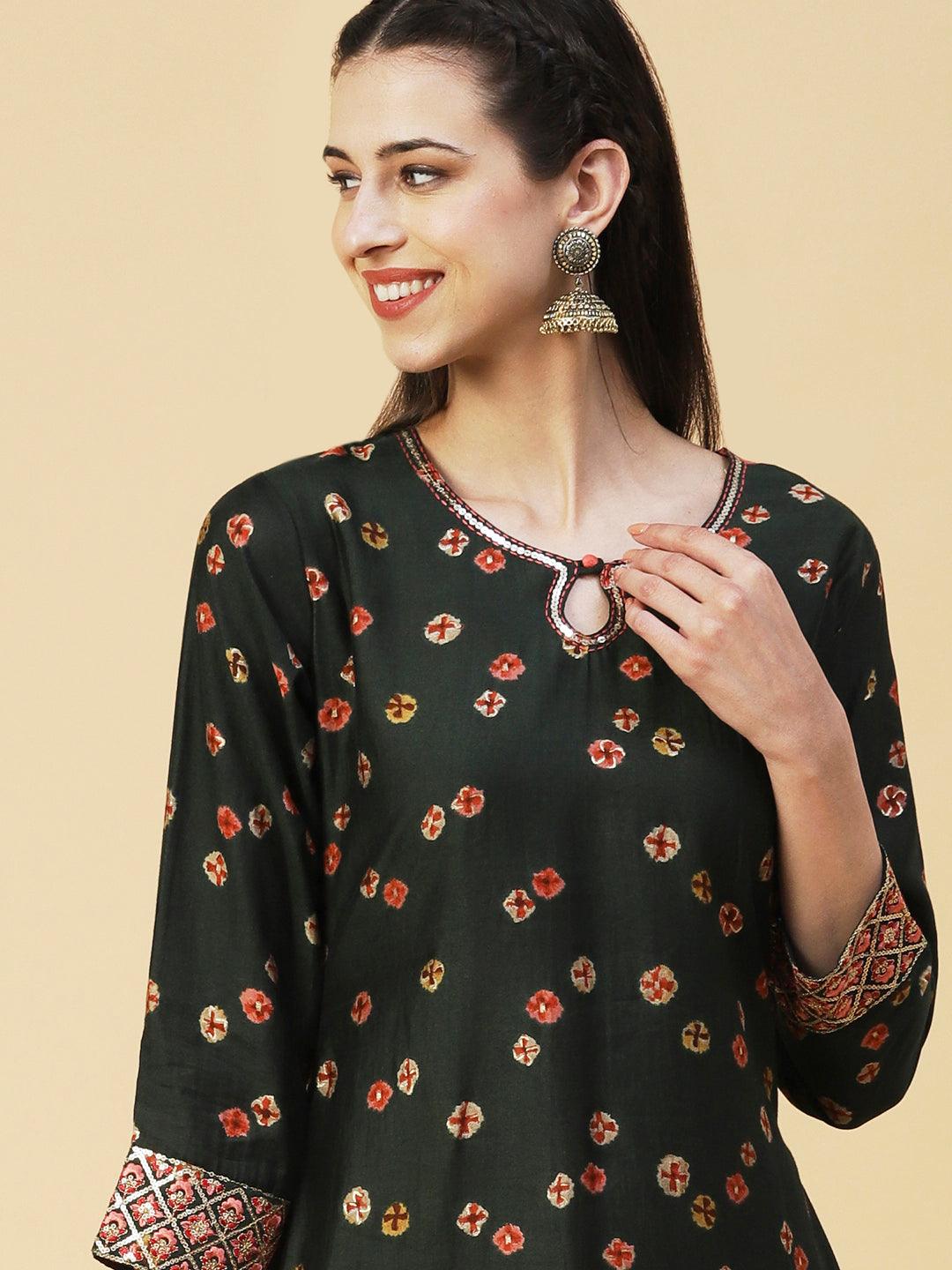 Abstract Floral Printed Embroidered Kurta With Printed Dupatta - Green - Indiakreations