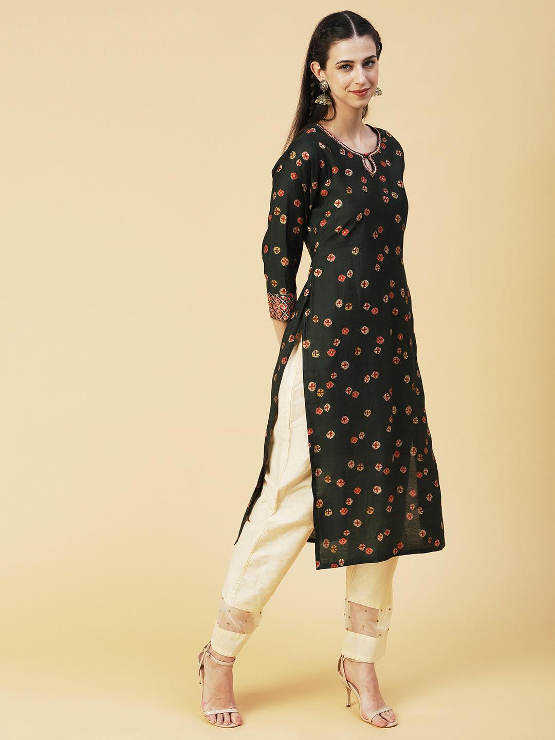 Abstract Floral Printed Embroidered Kurta With Printed Dupatta - Green - Indiakreations