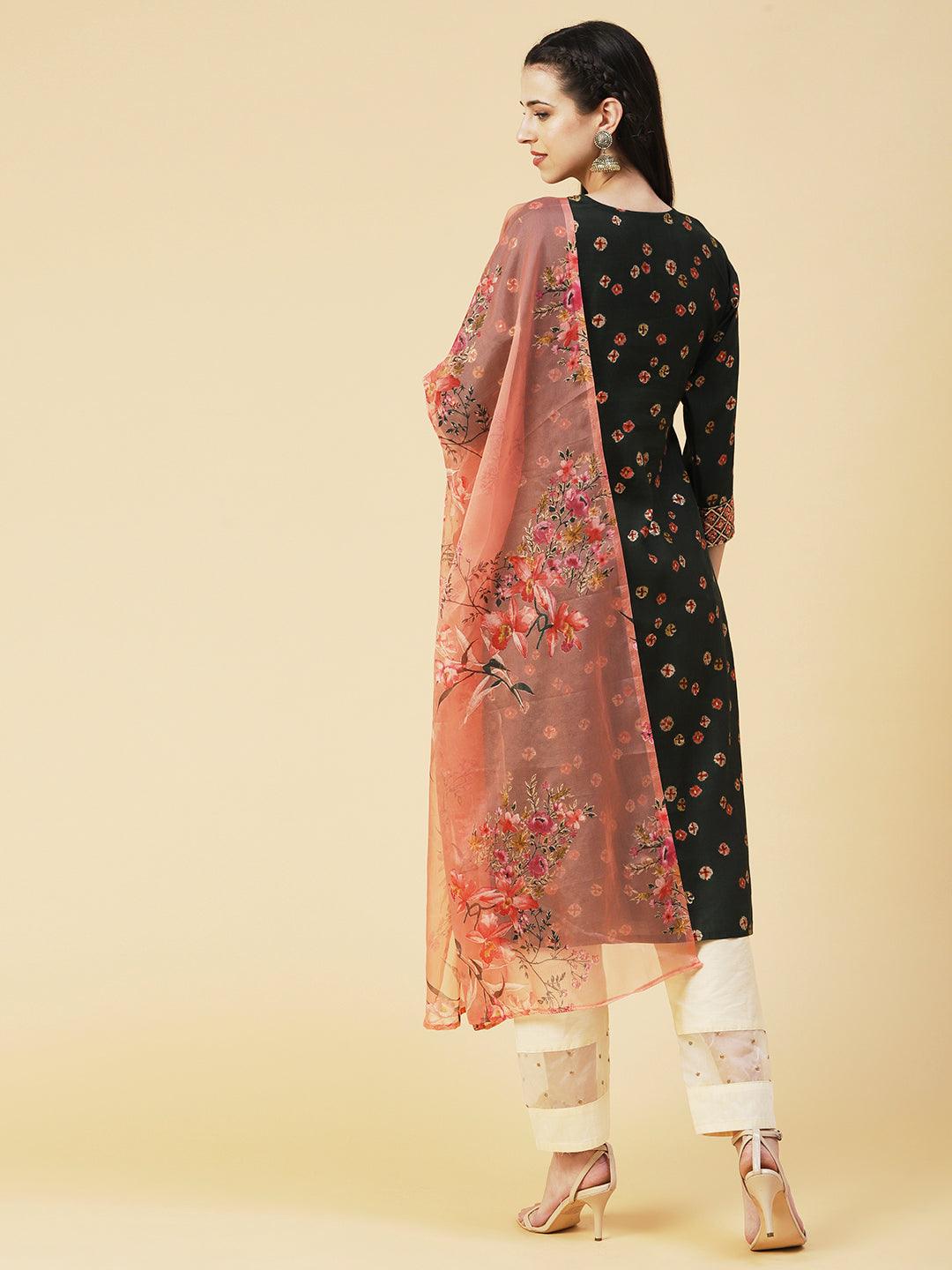 Abstract Floral Printed Embroidered Kurta With Printed Dupatta - Green - Indiakreations