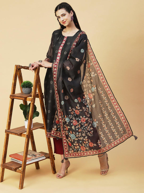 Floral Printed Sequins Ornamented Kurta With Dupatta - Dark Grey - Indiakreations