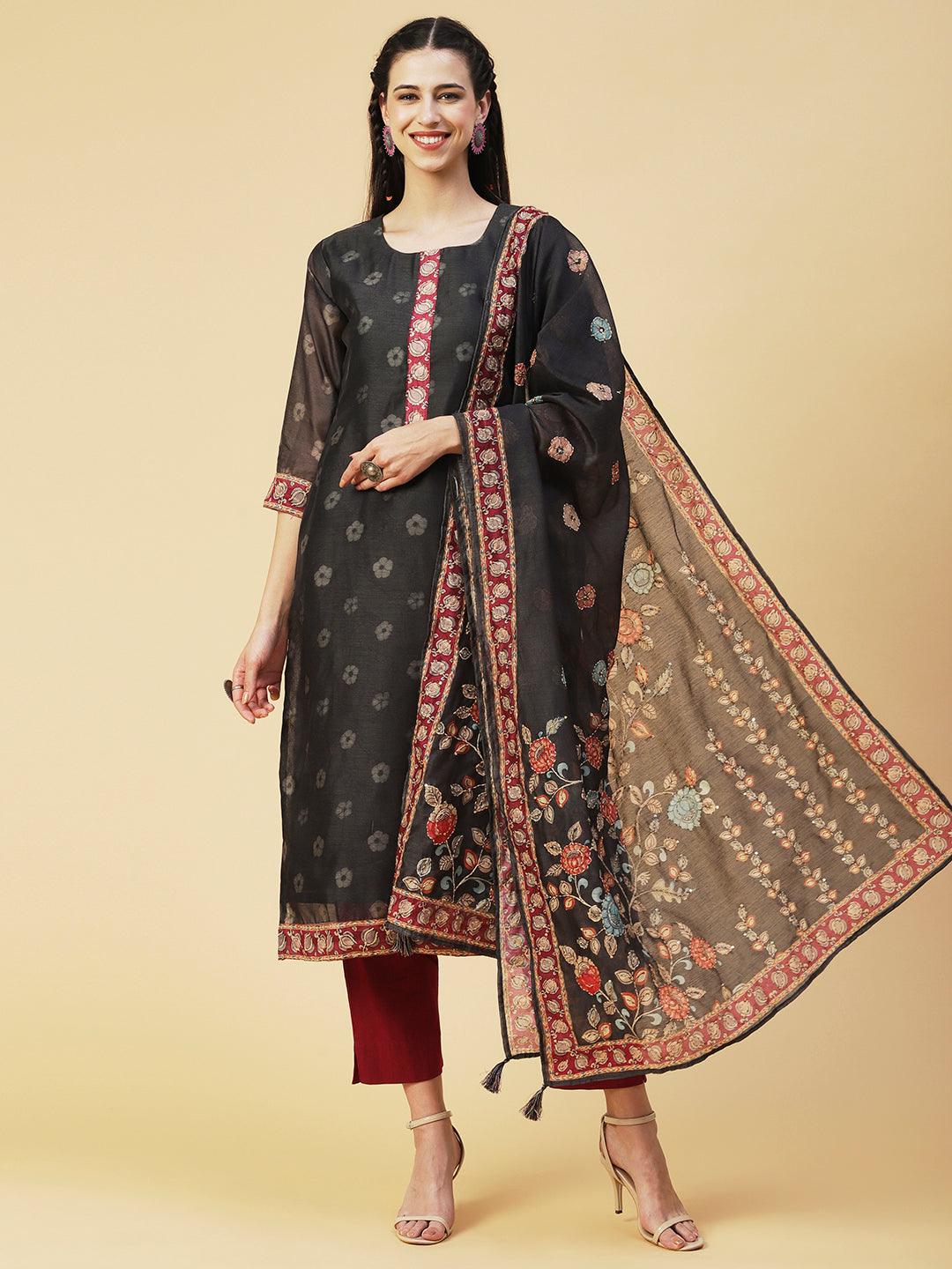 Floral Printed Sequins Ornamented Kurta With Dupatta - Dark Grey - Indiakreations