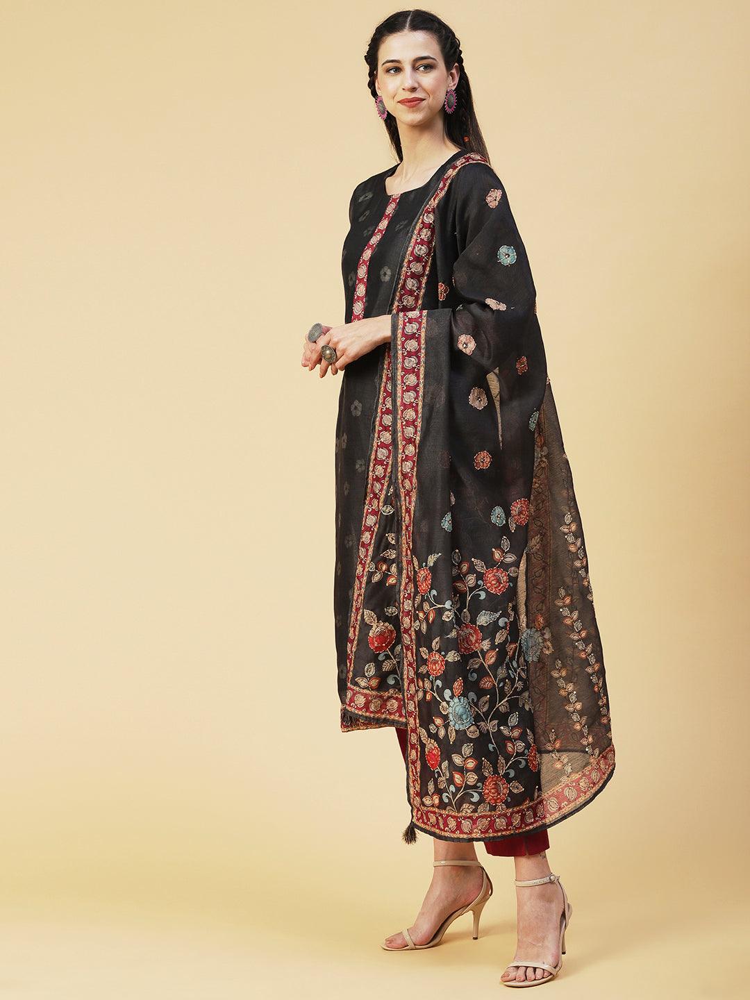 Floral Printed Sequins Ornamented Kurta With Dupatta - Dark Grey - Indiakreations