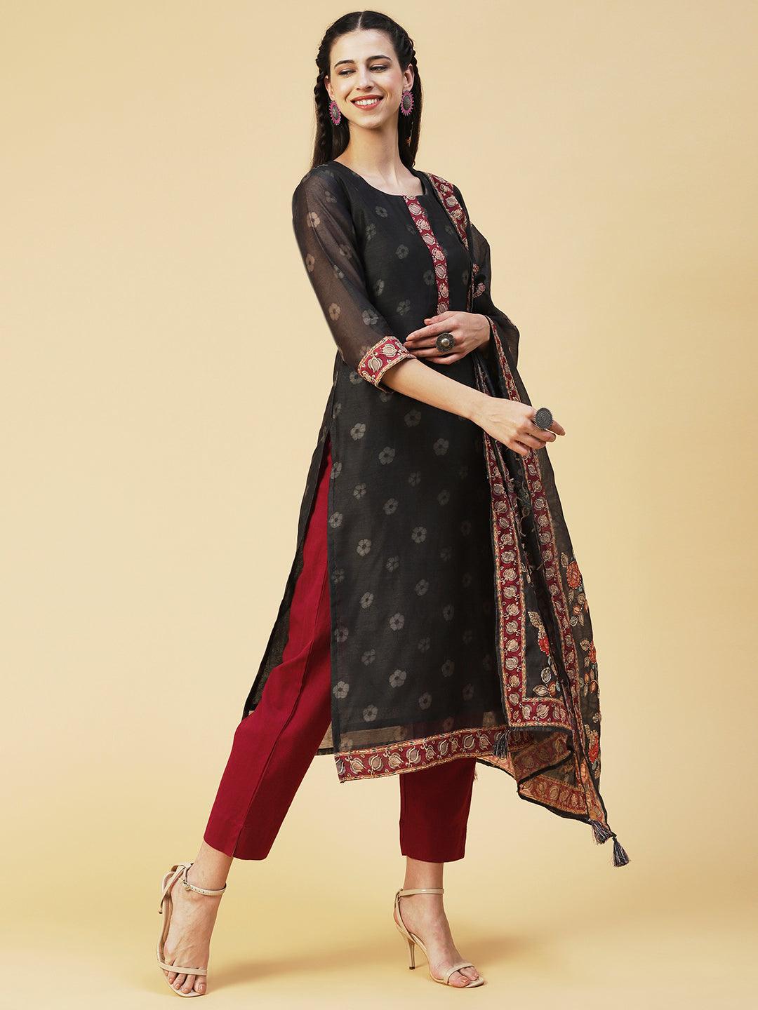 Floral Printed Sequins Ornamented Kurta With Dupatta - Dark Grey - Indiakreations