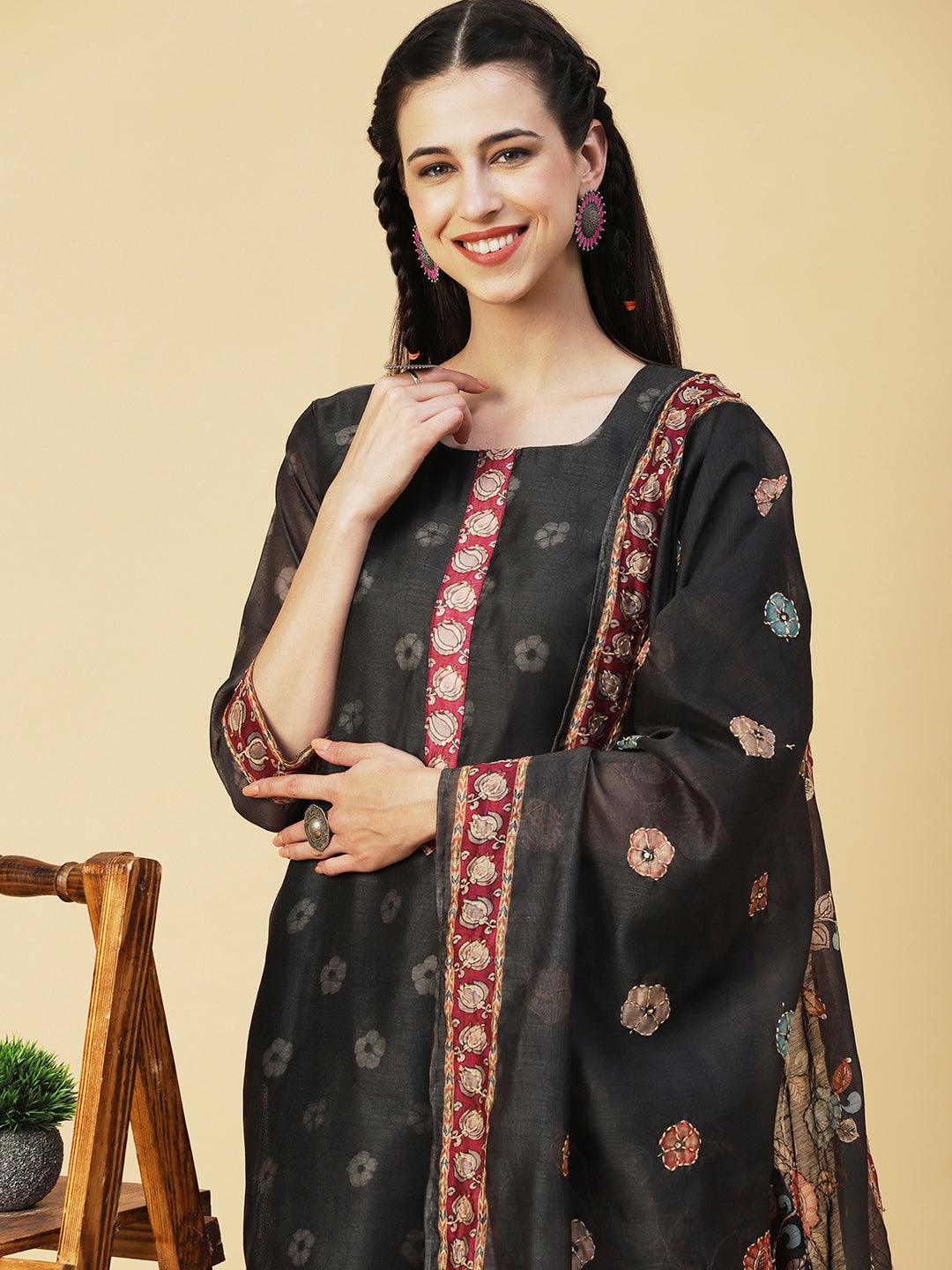 Floral Printed Sequins Ornamented Kurta With Dupatta - Dark Grey - Indiakreations