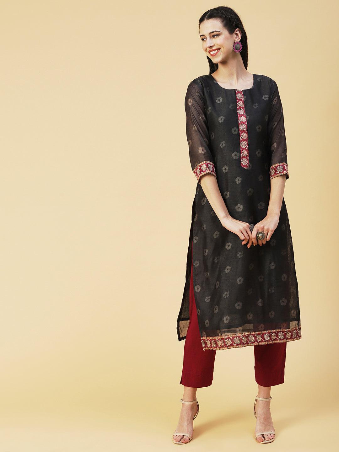 Floral Printed Sequins Ornamented Kurta With Dupatta - Dark Grey - Indiakreations