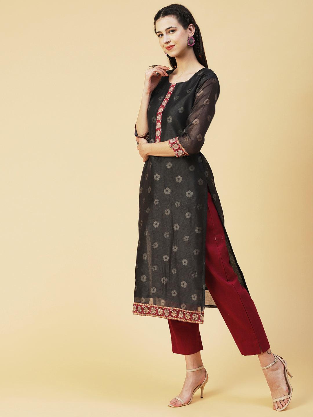 Floral Printed Sequins Ornamented Kurta With Dupatta - Dark Grey - Indiakreations