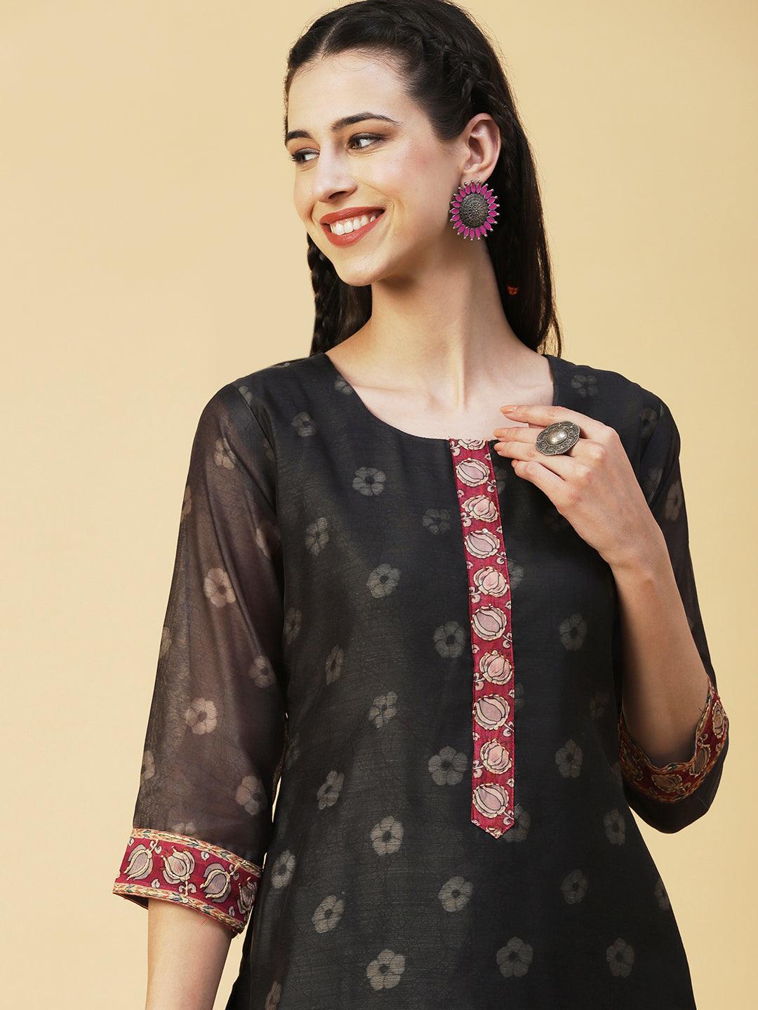 Floral Printed Sequins Ornamented Kurta With Dupatta - Dark Grey - Indiakreations