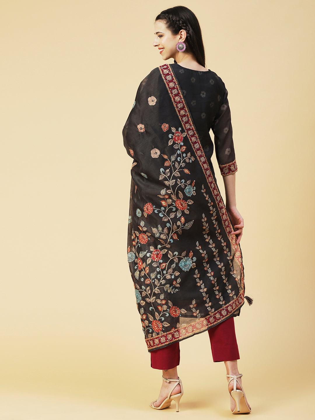 Floral Printed Sequins Ornamented Kurta With Dupatta - Dark Grey - Indiakreations