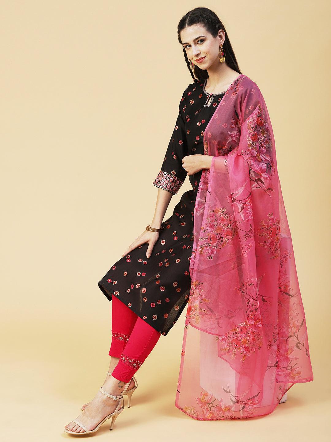 Abstract Floral Printed Embroidered Kurta With Printed Dupatta - Black - Indiakreations